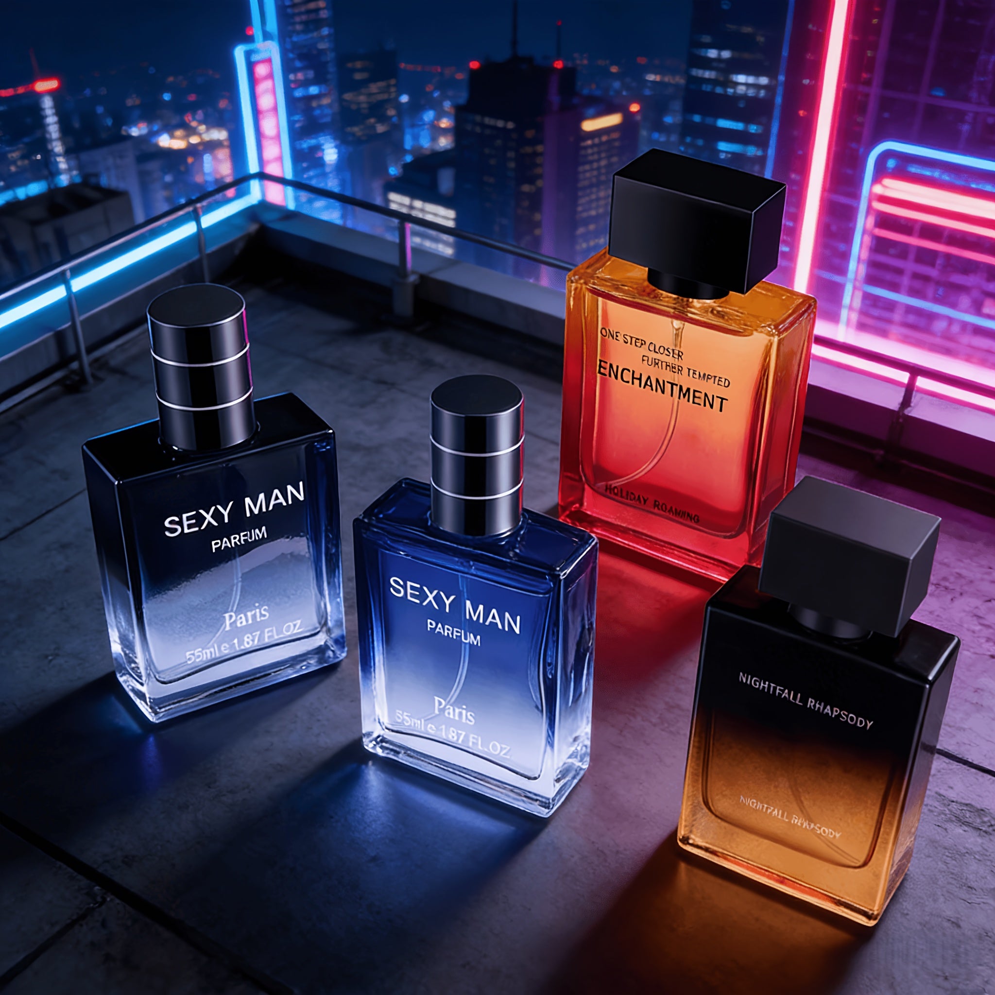 Un set de fragancias de cuatro piezas, que incluye perfume y colonia para hombre, para realzar el encanto y proporcionar un aroma duradero. Adecuado para uso personal o como regalo de vacaciones, totalizando
