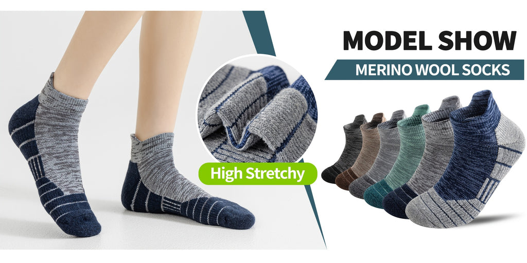 Seis pares de calcetines tobilleros de lana merino, ideales para senderismo y running. Estos calcetines de trabajo ofrecen soporte de compresión, absorben el sudor y son transpirables con un amortiguamiento grueso. Son de corte bajo y están diseñados para