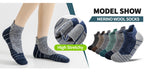 Seis pares de calcetines tobilleros de lana merino, ideales para senderismo y running. Estos calcetines de trabajo ofrecen soporte de compresión, absorben el sudor y son transpirables con un amortiguamiento grueso. Son de corte bajo y están diseñados para