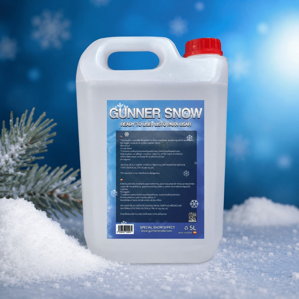 Gunner Smoke Líquido para Máquina de Nieve, 5 Litros, Máxima Eficiencia, Seguro, Sin Restos, Ideal para Eventos, Fiestas, Decoraciones Navideñas, 5L