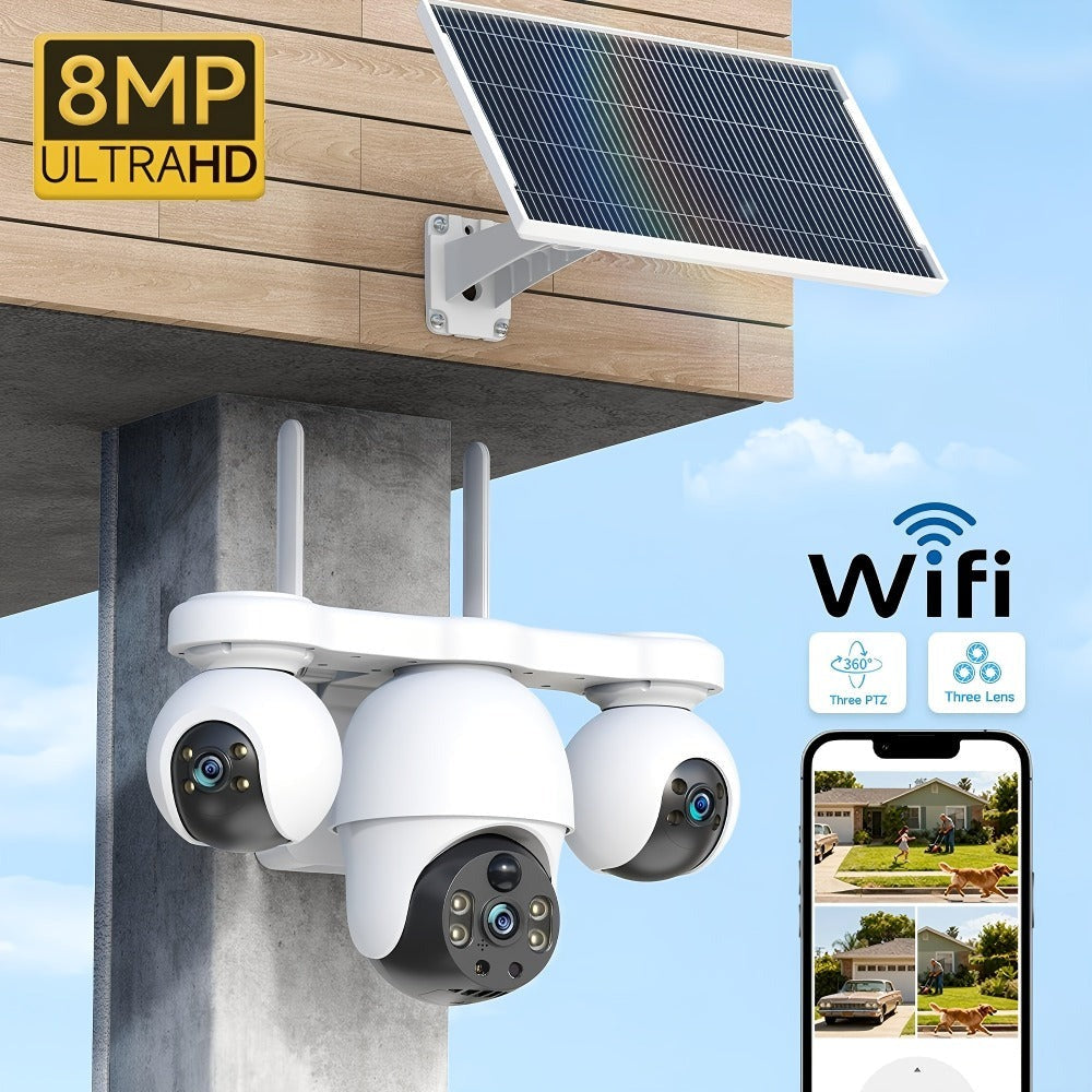 Cámara de seguridad exterior de 8MP con sistema PTZ de triple lente, /inclinación de 355°, detección humana PIR, audio bidireccional, visión nocturna a todo color, cámara WiFi adecuada para vigilancia empresarial, aplicación y notificaciones de alarma