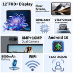 RELNDOO Tablet Android 16 de 12 pulgadas, 24GB (8+16) RAM, 256GB ROM, T615 Octa-Core, 8000Mah, Tablet PC 2-En-1 con Teclado, Ratón Inalámbrico, Funda, Lápiz Óptico (No Electrónico), Ideal para Películas y Lectura, Perfecto para Oficina, Estudio, Regalo de