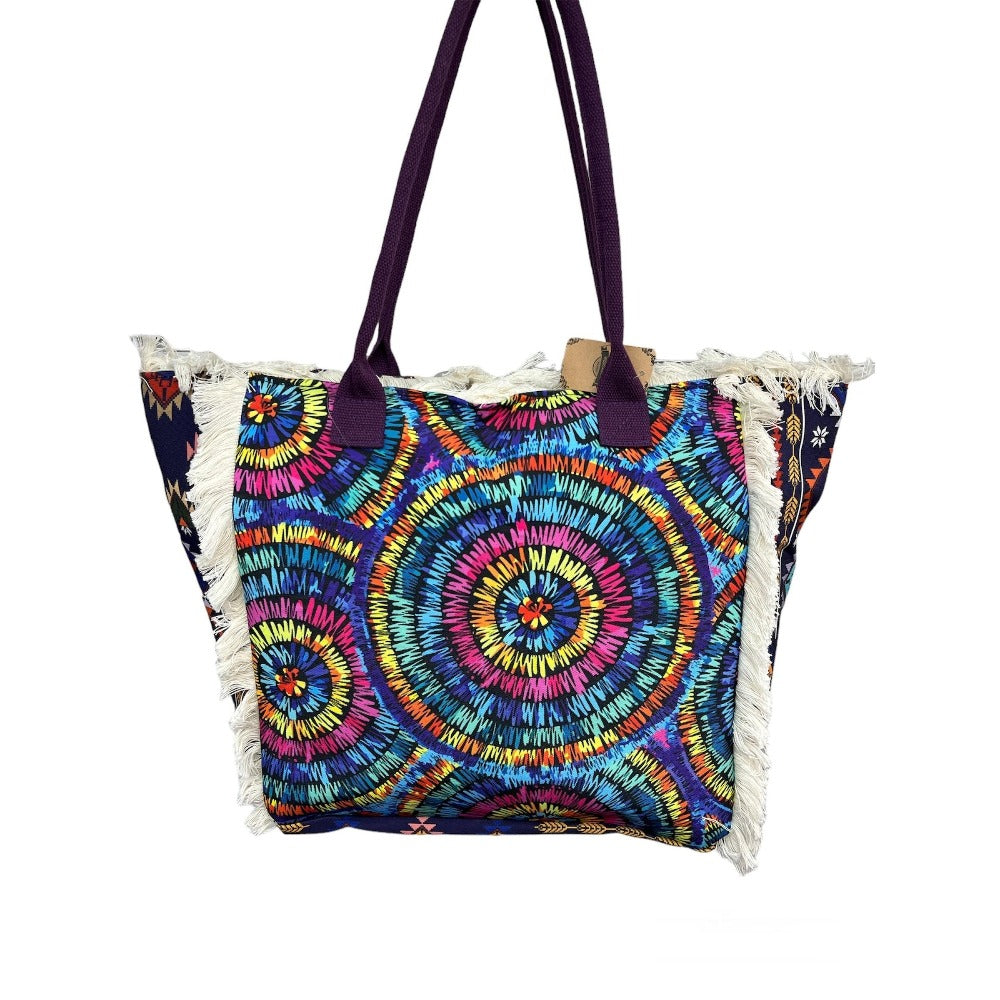 MEJORADA Bolso de playa grande con estampado bohemio, ideal para verano, con flecos de algodón, forro interior y bolsillos, 55×37×19 CM, tejido 100% poliéster