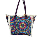 MEJORADA Bolso de playa grande con estampado bohemio, ideal para verano, con flecos de algodón, forro interior y bolsillos, 55×37×19 CM, tejido 100% poliéster