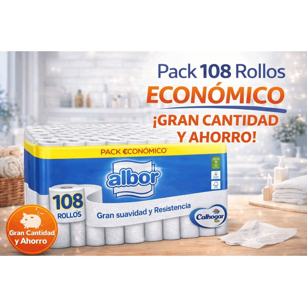 Pack promoción 108 rollos de papel higienico Albor Colhogar marca Española calidad y seguridad en cada uso.