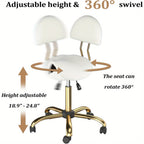 Taburete Bonnlo con Respaldo Extraíble, Taburete Giratorio de 360°, Taburete de Altura Ajustable (48-63Cm), Taburete Ergonómico con Ruedas y Capacidad de Carga de 180Kg para Salón/Oficina/Bar, Cuero Sintético (Blanco-Dorado, 40X34X91)