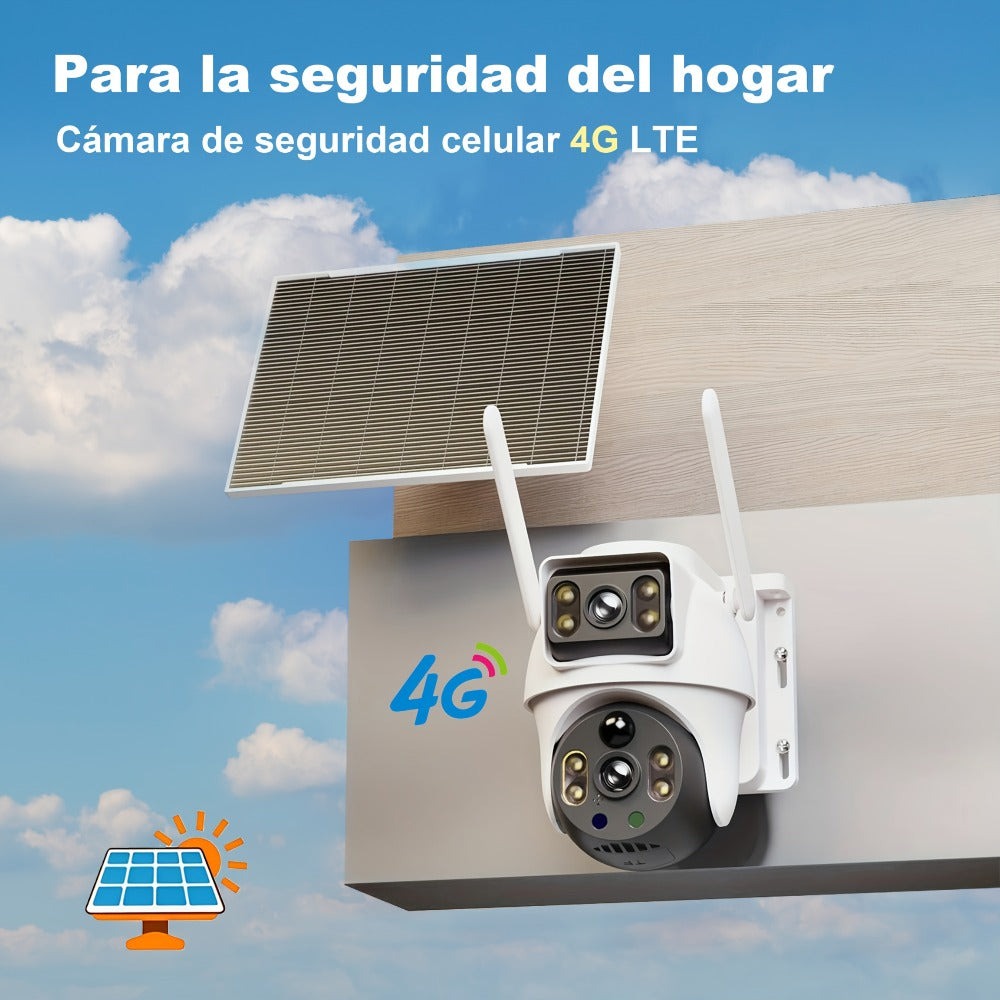 Cámara Solar Dual Lens 8MP 4G, Detección PIR de Humanoides, Audio Bidireccional, Visión Nocturna a Color, Detección de Movimiento, Alertas por Notificación, con Tarjeta SIM