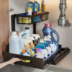 1 estante extraíble de doble capa para debajo del fregadero, estante multifuncional de acero al carbono para cocina y baño, adecuado para organizador de artículos esenciales y de limpieza - Negro/Blanco