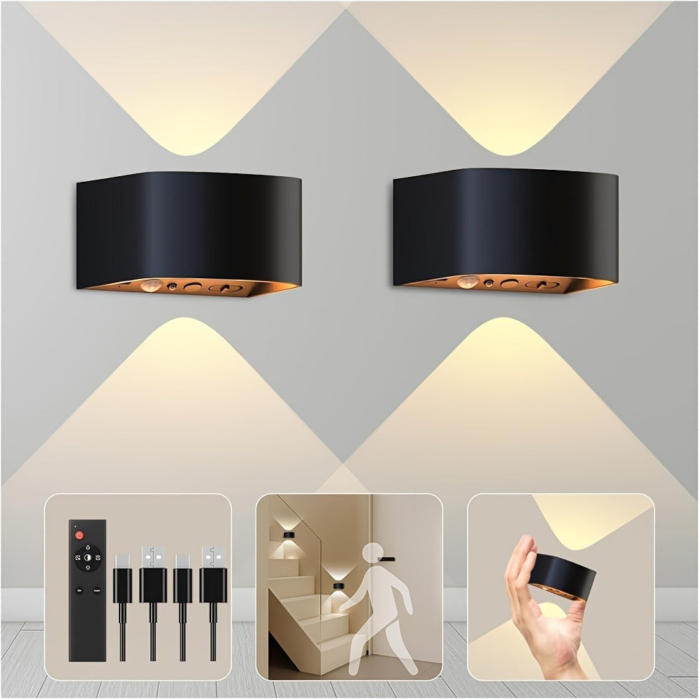 [2 piezas] Lámpara de pared a batería para interior con sensor de movimiento, control remoto, 3 colores, luz de pared, luz de pared LED para interior de luz arriba y abajo, 3 modos, lámparas de pared recargables a batería, brillo ajustable