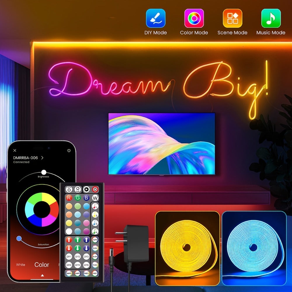 Luces de cuerda neón, luces de cuerda LED flexibles con control de App/Control remoto, luces de cuerda multimodo, luces neón LED RGB, tira de luz neón LED para juegos con sincronización de música para decoración de dormitorio