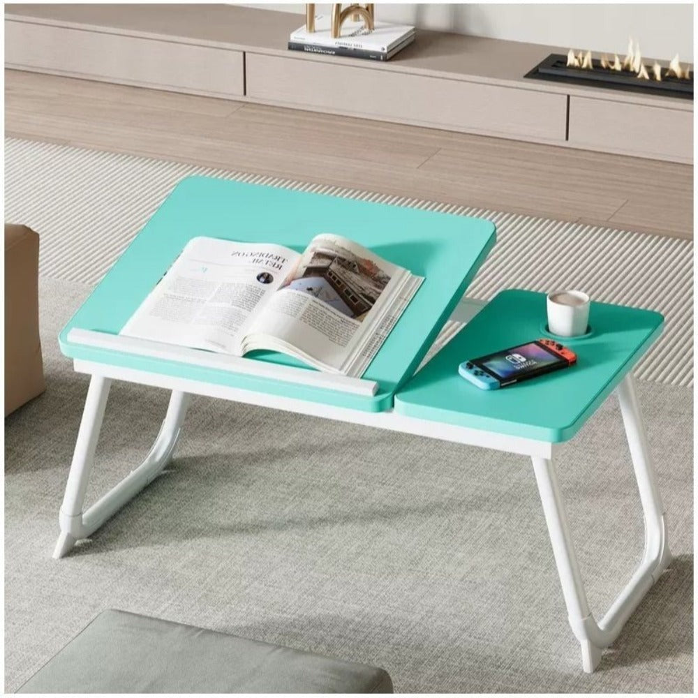 Mesa plegable para cama y sofá con altura ajustable de 5 niveles, bandeja con superficie ajustable y portavasos, mesa pequeña multifunción para ordenador, libros, trabajo y estudio en casa (56x32x25cm)
