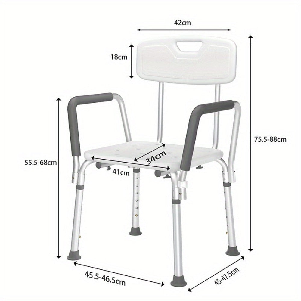 75. Taburete de ducha de aluminio ajustable en altura de 5-88 cm con reposabrazos y respaldo, para personas mayores y mujeres embarazadas.