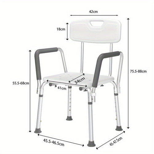 75. Taburete de ducha de aluminio ajustable en altura de 5-88 cm con reposabrazos y respaldo, para personas mayores y mujeres embarazadas.