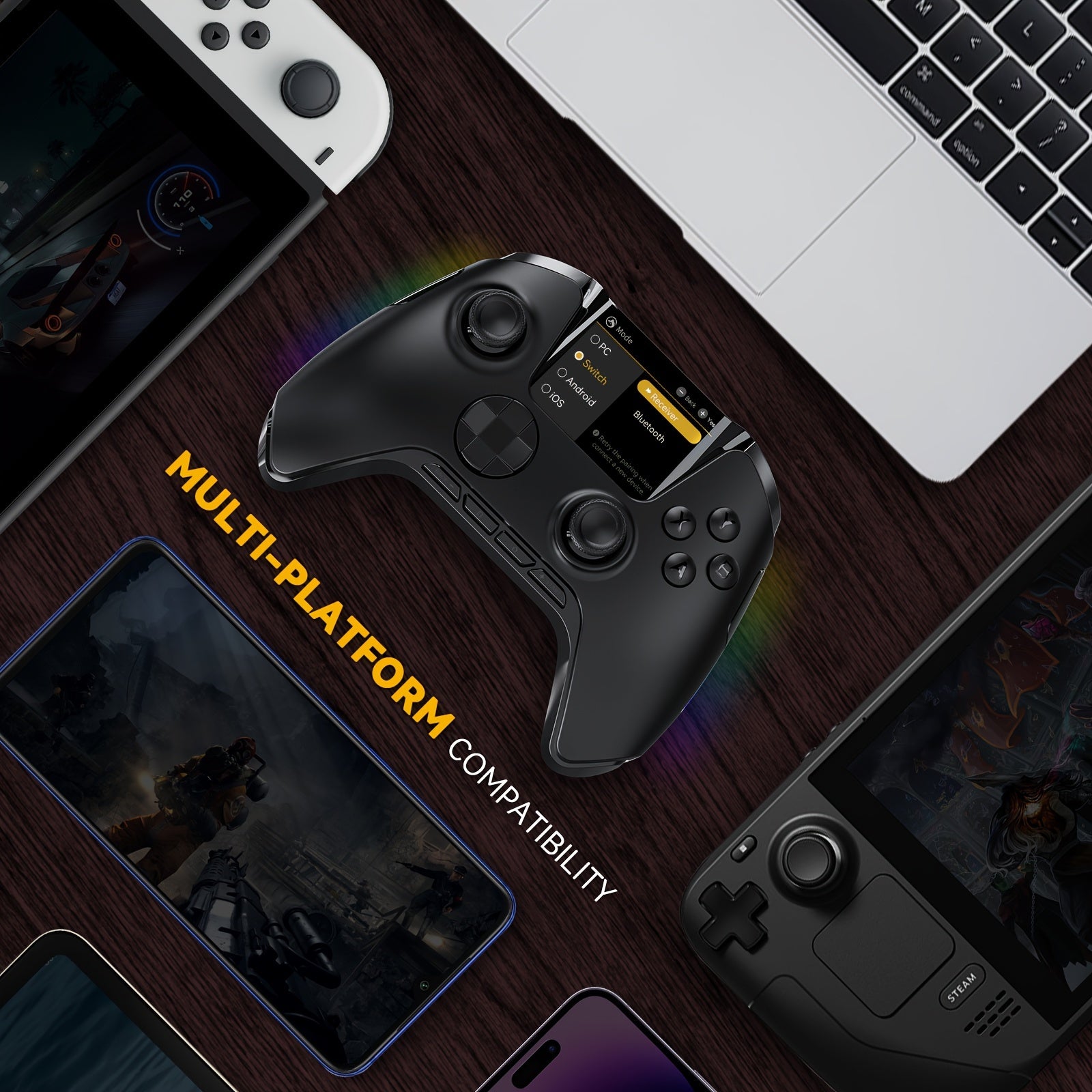 Mando inalámbrico con base de carga para PC, Switch y dispositivos móviles