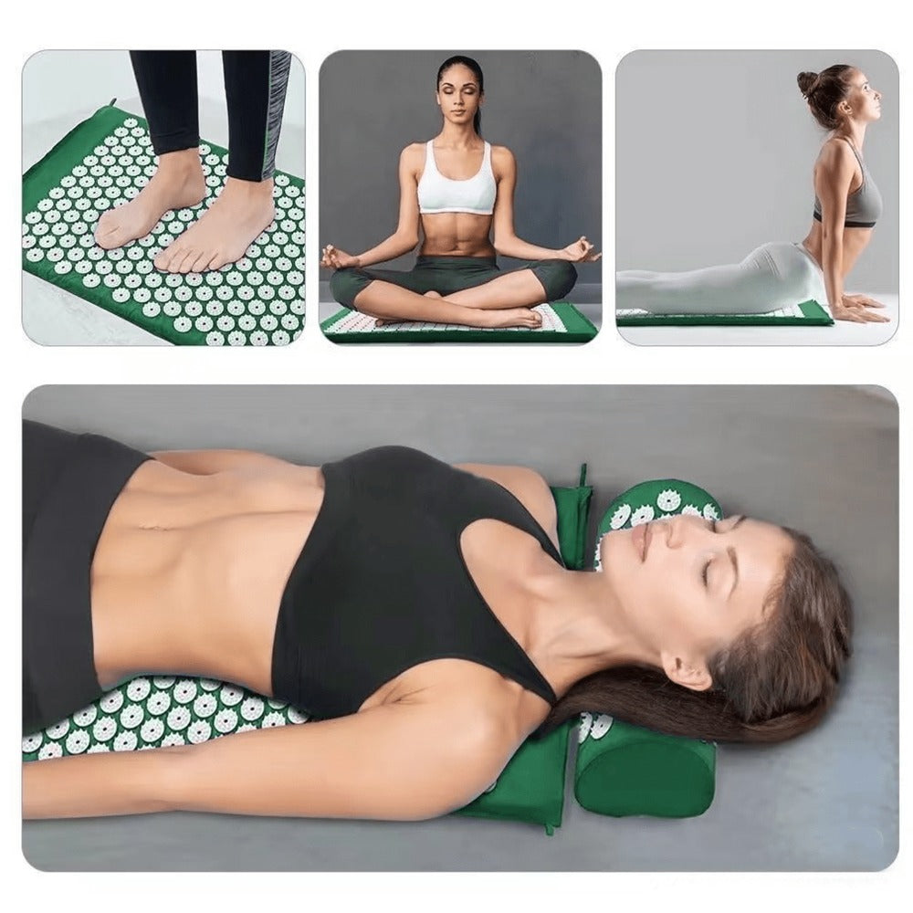 Aspria Set de Acupresión Verde 3/4 Piezas, Colchoneta de Acupresión y Almohada de Acupresión, para que te Relajes Cuerpo y Mente. Colchoneta de Acupresión Verde + Toalla Gruesa + Bolsa de Almacenamiento. MGY-S3-004