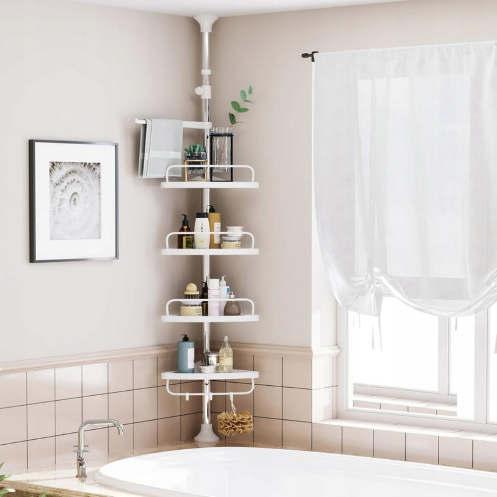 Estante Telescópico de Esquina para Baño, Organizador de Ducha para Bañera, 4 Niveles Ajustables, Montaje sin Taladro con Diseño de Ventosas, Tubo de Aluminio Estable y Estantes de Plástico con Agujeros de Drenaje, Altura Máxima de hasta 320 cm, Resistent