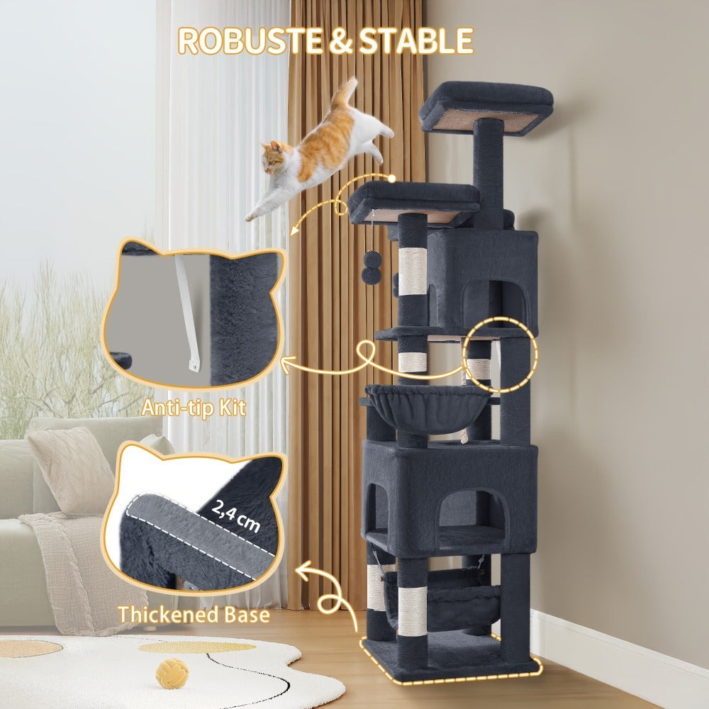 Árbol para gatos, Árbol para gatos de 176 cm, XL, 3 plataformas, 2 cuevas, 7 postes rascadores, hamaca, pelotas de felpa, poste rascador para gatos para hogares con múltiples gatos, Beige