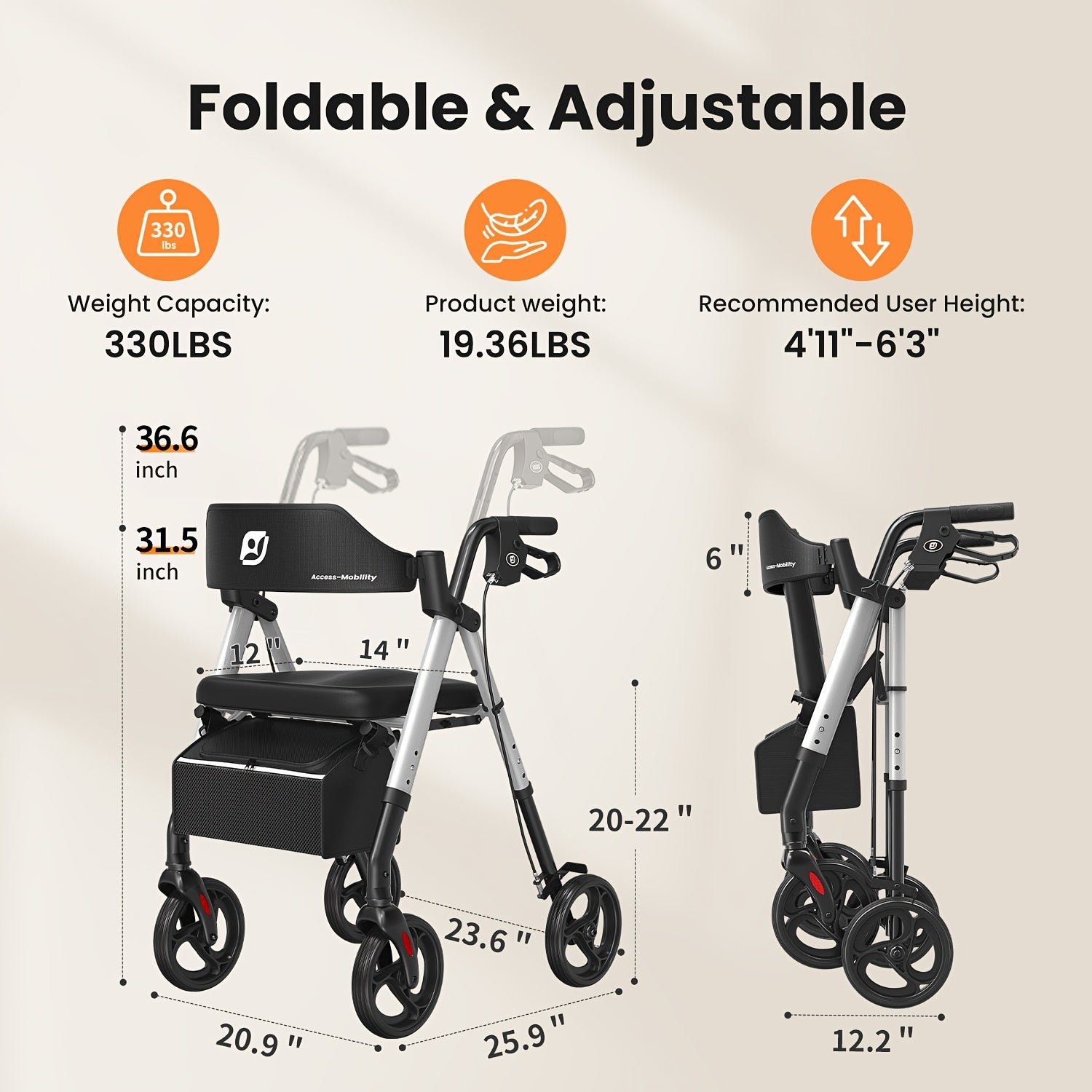 Andador rollator plegable con asiento 136.08 kg 20.32 cm | Movilidad, paseo y apoyo diario