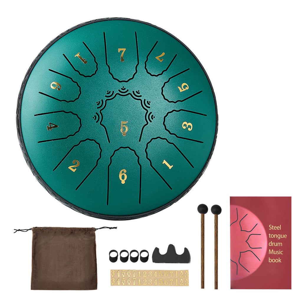VEVOR Tambor de Lengüeta de Acero, 16.5 cm, 11 Notas, Tambor de Lluvia para Jardín Exterior, Tambores Musicales en Do Mayor con Libro de Música y Baquetas, Instrumento de Percusión para Meditación, Yoga, Educación Musical para Principiantes, Verde