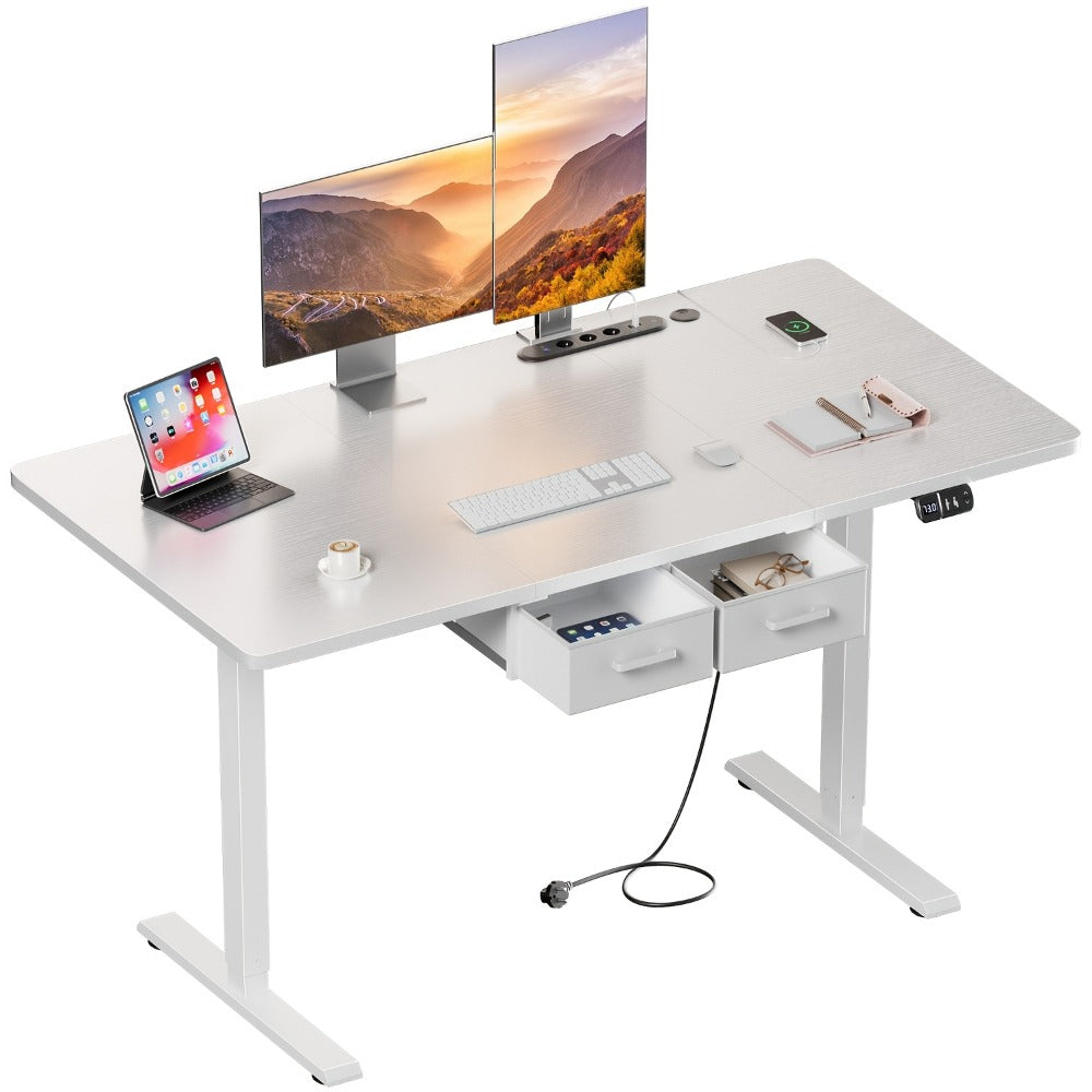 Escritorio de oficina eléctrico ajustable en altura, mesa de PC de oficina para juegos con enchufes incorporados, escritorio ajustable en altura para sentarse o estar de pie con 2 cajones de tela, escritorio grande, función de memoria, 5 tamaños