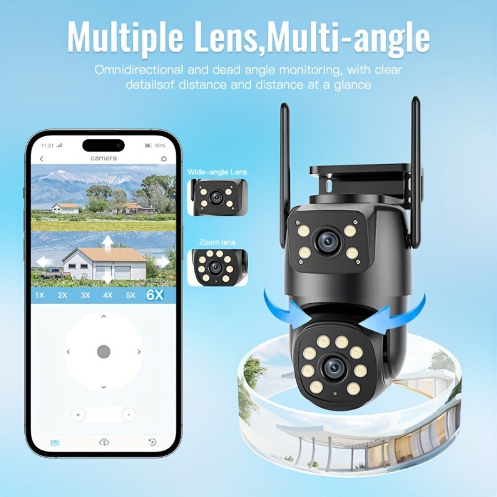 Cámara de seguridad PTZ para exterior de 1080P con enlace de doble lente, cámara inalámbrica, vista de 360°, seguimiento automático, detección humana, alarma de luz, visión nocturna en color, WiFi 2.4G, grabación 24/7, audio bidireccional