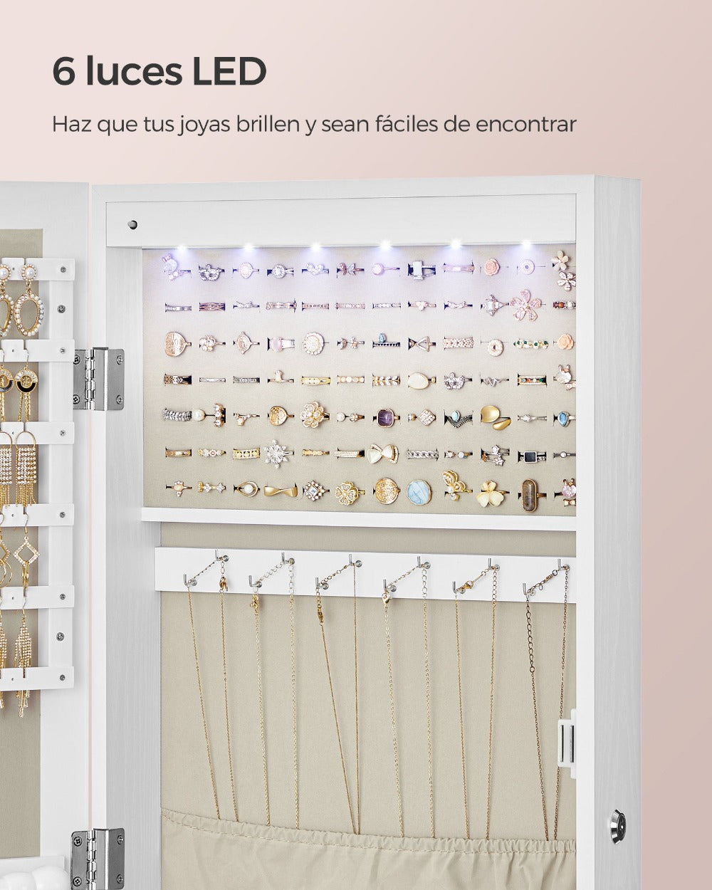 Armario Joyero Con Espejo, Joyero Para Pared O Puerta, Con Cerradura, 2 Cajones, 10 X 37 X 120 Cm, organizador pulseras collares pendientes anillos, diseño moderno accesorios joyas decoración dormitorio elegante, Regalos de Festivos, Regalos de Navidad