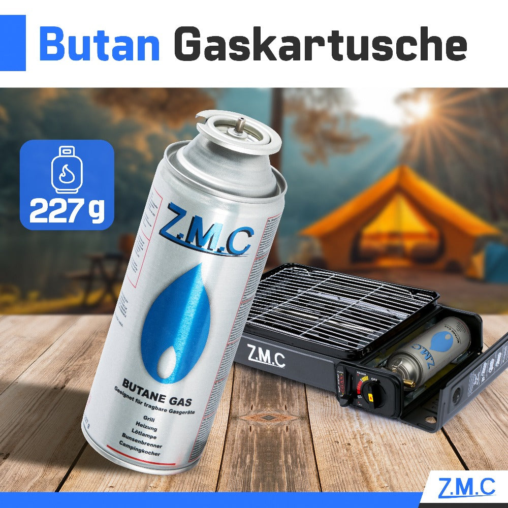 Cartuchos de Gas Butano ZMC 24× 227g Tipo MSF-1a con Válvula y Conexión de Bayoneta | Cartucho de Gas Universal para Cilindros de Gas de Camping para Estufas de Camping, Calentadores de Gas, Quemadores de Gas, Quemadores de Malezas y Sopletes de Soldadura