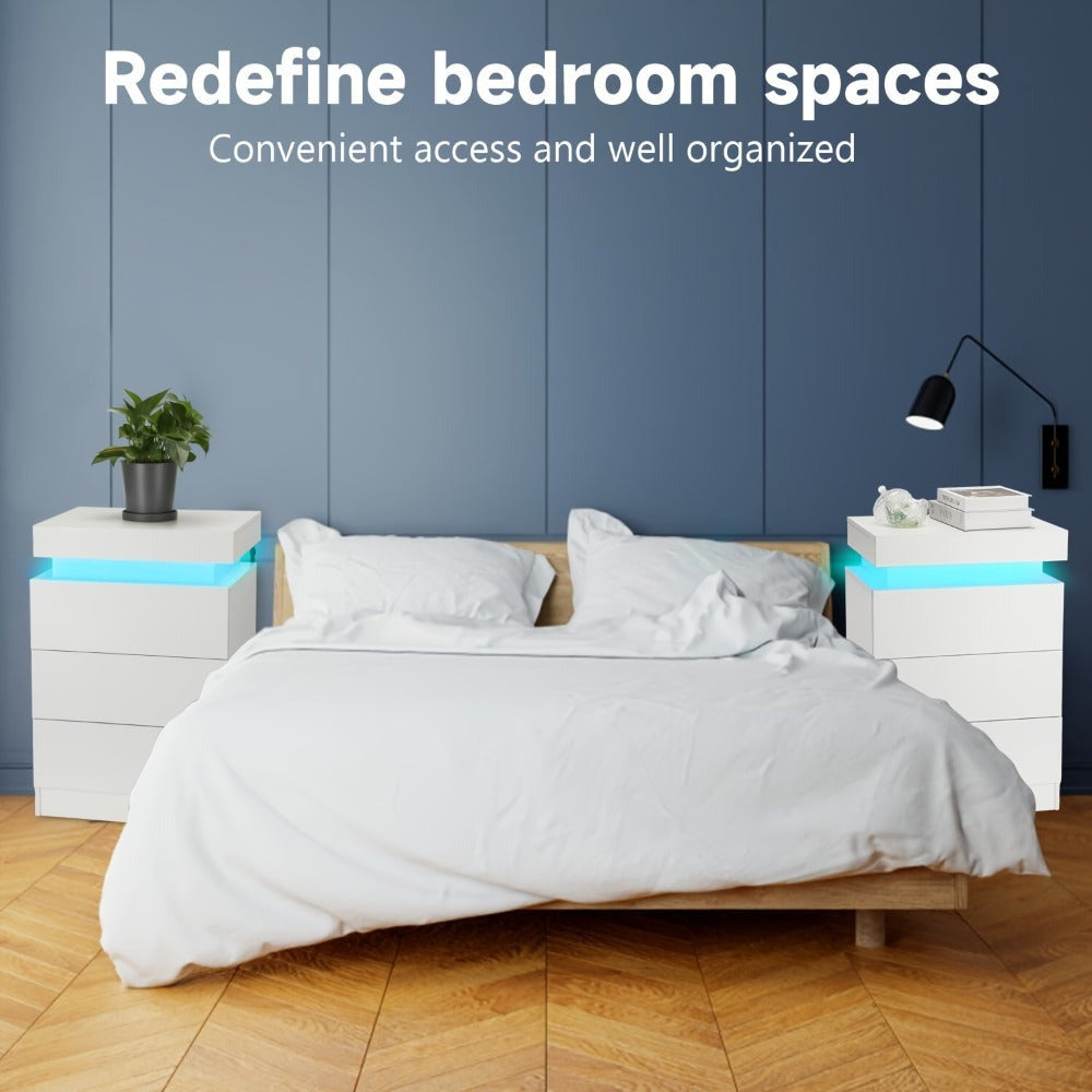 Mesita de noche LED con 3 cajones y 1 cajón superior, mesita de noche con brillo intenso en 4 lados, colores LED RGB, mesita de noche para dormitorio, sala de estar, muebles para el hogar, blanco