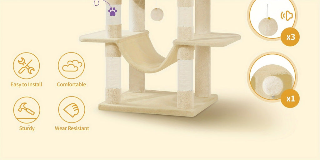 Torre para gatos de interior, 170 cm de alto, casa espaciosa de varios niveles con condominio, 8 postes para rascar, una hamaca y 4 pompones