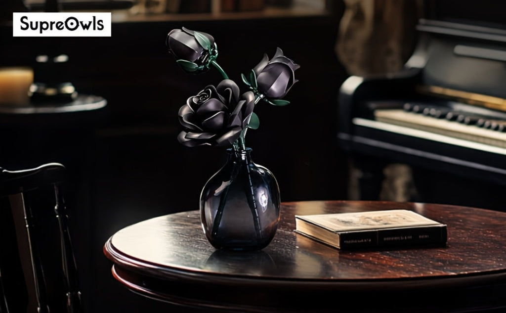 Adornos góticos de escritorio - Serie oscura ramo de rosas negras flores sintéticas rompecabezas DIY pieza decorativa - Rosa adecuada como regalo de cumpleaños figuras coleccionables