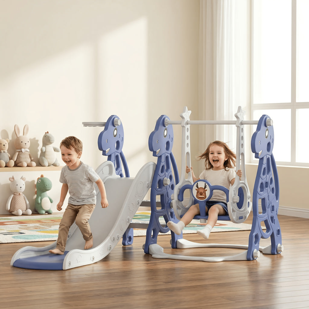 Tobogán infantil 4 en 1, tobogán con columpio y canasta de baloncesto, longitud del tobogán 145 cm, parque infantil multifuncional, para uso en interiores y exteriores, con peldaños y soportes extra anchos
