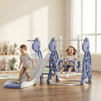 Tobogán infantil 4 en 1, tobogán con columpio y canasta de baloncesto, longitud del tobogán 145 cm, parque infantil multifuncional, para uso en interiores y exteriores, con peldaños y soportes extra anchos