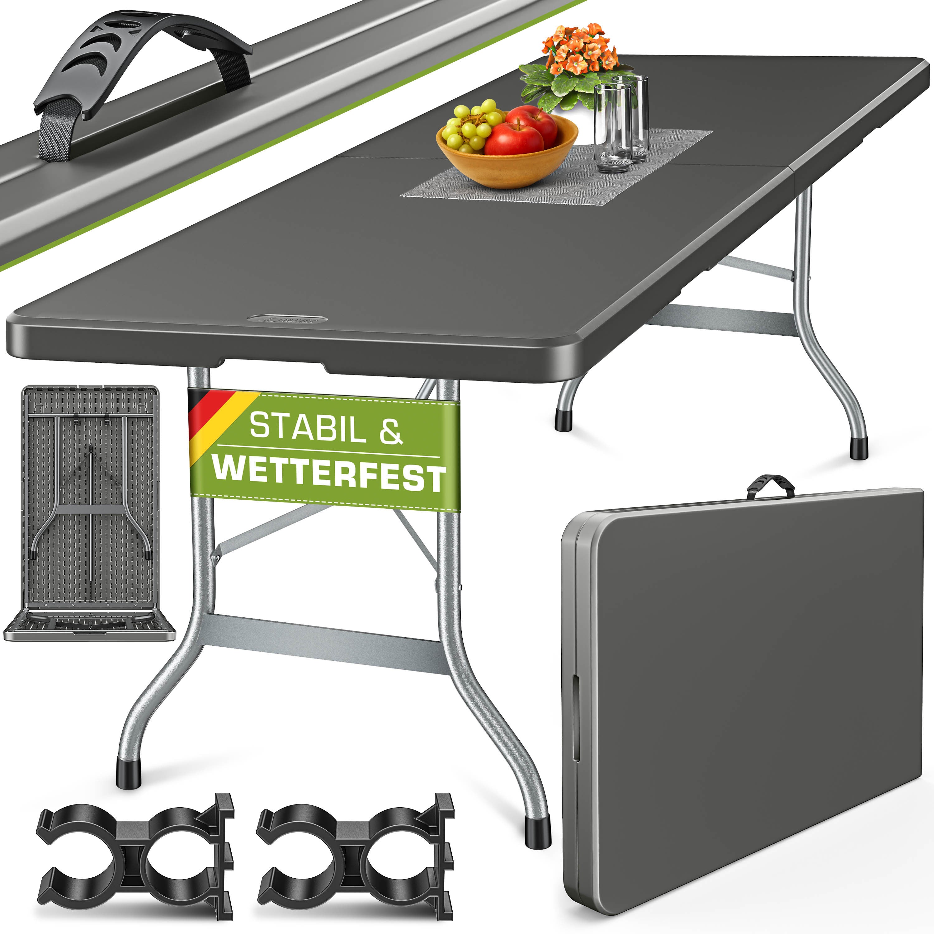 Mesa de Jardín Plegable Tillvex® 220x70 cm, Plástico | Mesa Buffet para 10 Personas con Asa de Transporte | Mesa de Camping Impermeable para Uso Exterior en Jardín, Terraza y Balcón