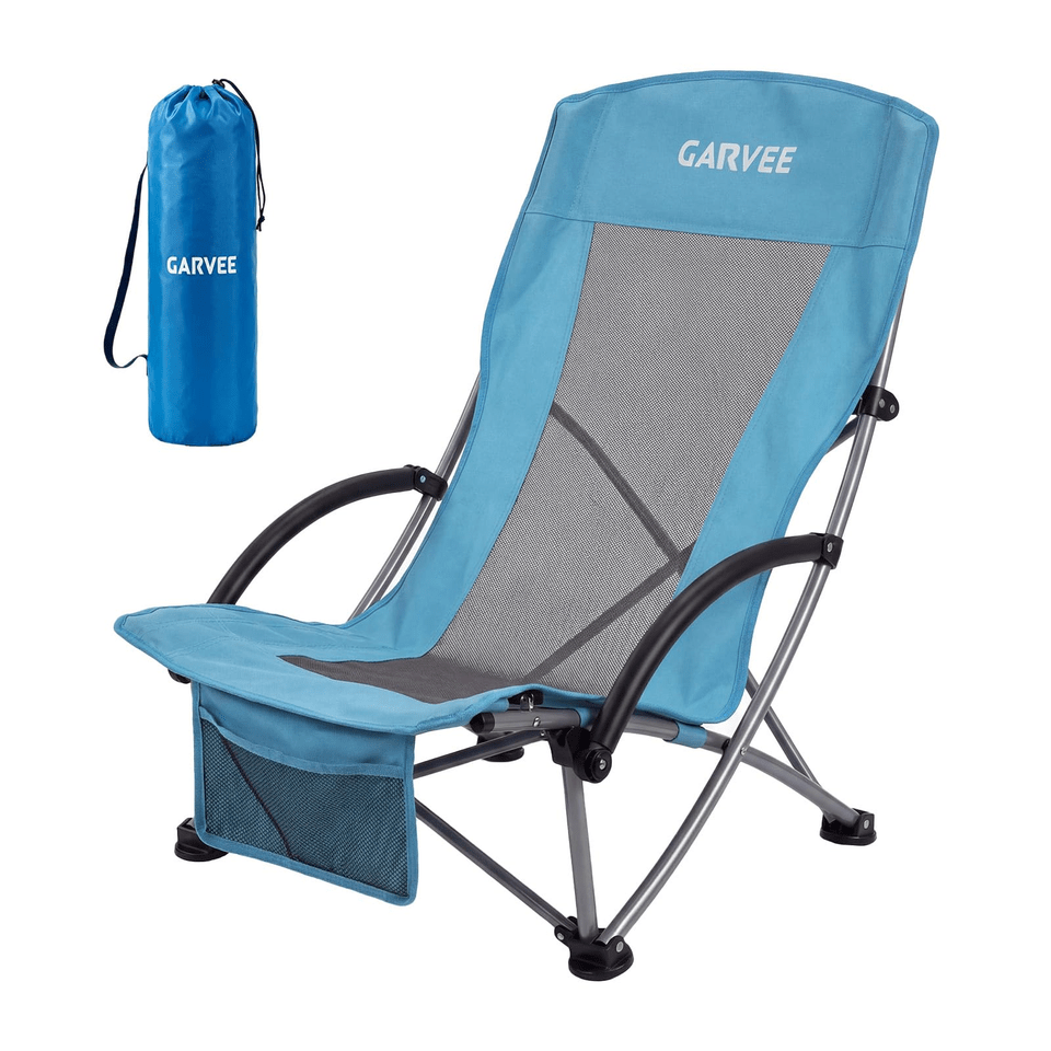 Silla de Playa Elevada, Sillas de Playa Plegables Portátiles, Ligera con Portavasos, Bolsillo de Almacenamiento y Bolsa de Transporte, Perfil para Camping, Playa, Viajes