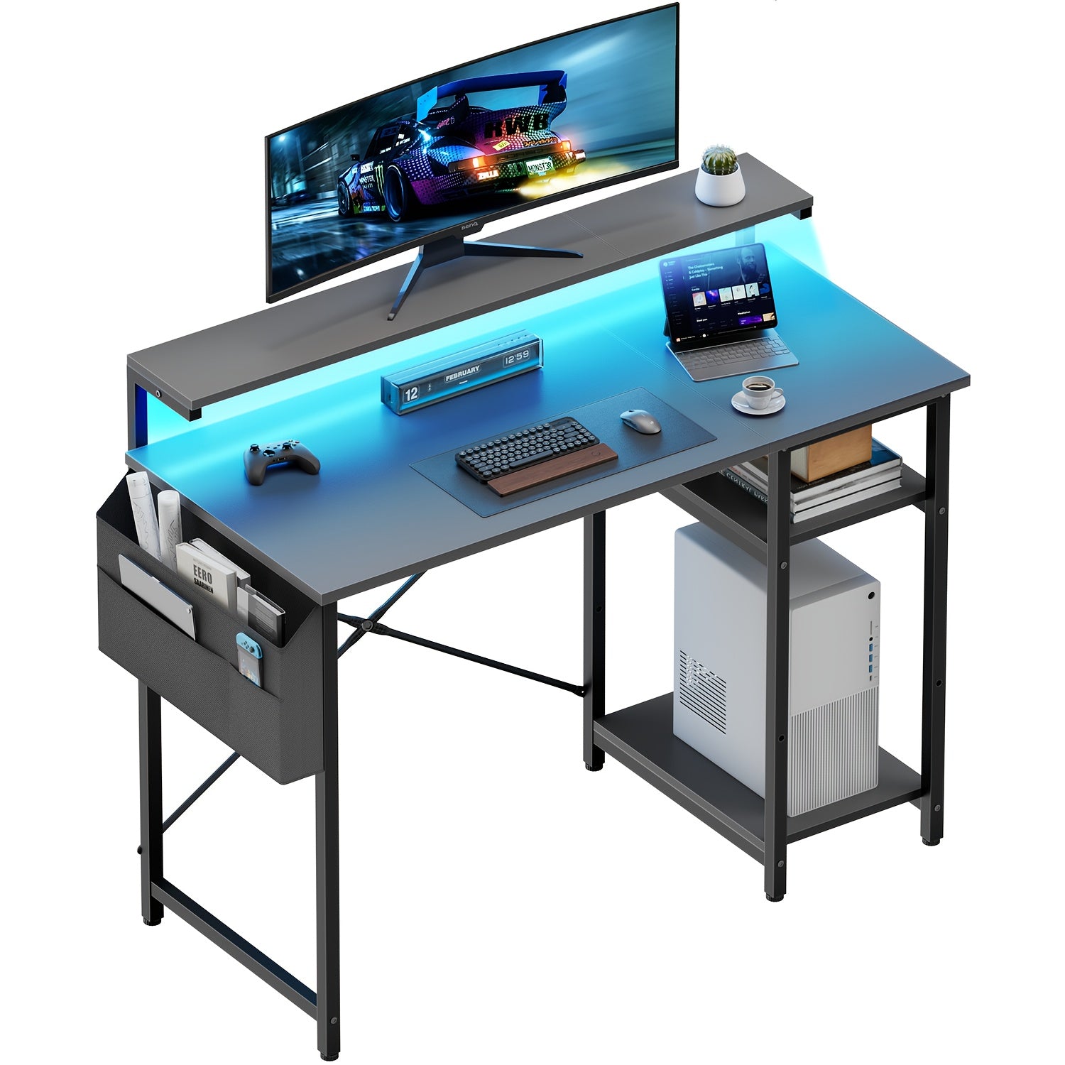 Escritorio FRODROVIA con Luz LED y Estante Ajustable en Altura, Escritorio para Oficina en Casa con Soporte para Monitor, Escritorio de Esquina con Bolsa de Almacenamiento Grande para Oficina en Casa, Estudio, Regalos de Navidad/Acción de Gracias