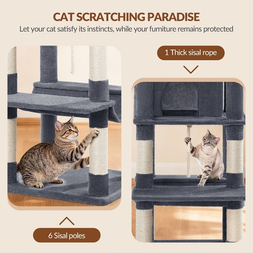 Rascador Grande para Gatos, Rascador de 216 Cm, Gatos Grandes, Estable con Rascadores, 2 Casas Cómodas para Gatos, 2 Perchas, 2 Cestas, Hamaca, Para Uso en Interiores