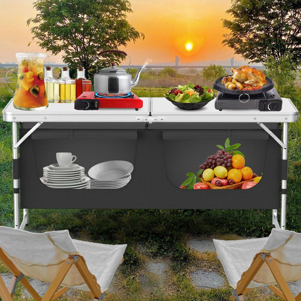 Set de Cocina Portátil para Camping con Gabinete Plegable, Completo con Bolsa de Transporte y Estructura de Metal, Ideal para Picnics, Salidas a la Playa, Viajes y Barbacoas, Mide 120X47X62Cm