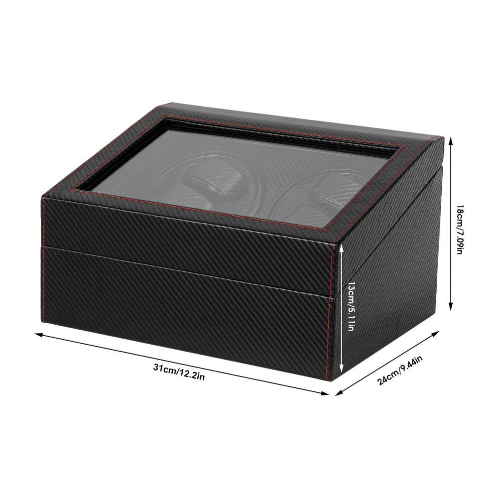 Caja de giro automático RIBASUBB - Diseño de fibra de carbono, 4+6 compartimentos para almacenamiento seguro, negro con acentos rojos, compacta y duradera para relojes y joyas, caja de giro para relojes, organizador de joyas, elegante estuche de accesorio