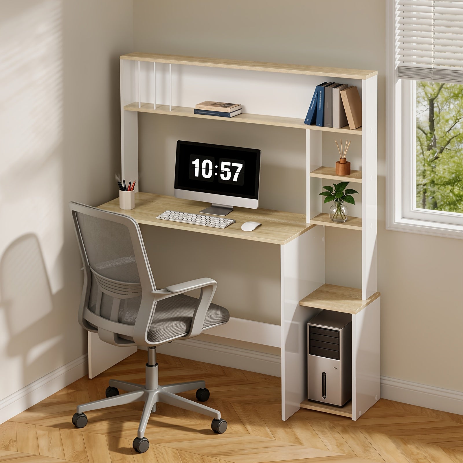 Escritorio | 1pc Escritorio de Oficina, Mesa para Computadora con Estantes, Estantería de 5 Niveles, Roble Blanco, Mesa de Juegos con Espacio de