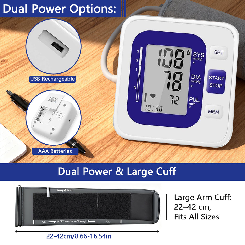Monitores de presión arterial digitales de brazo precisos con manguito grande para uso doméstico, IBH, medidor de pulso, manguito de 22-40 cm, memoria 2X120, pantalla LCD (48x65 mm); se usa con alimentación por enchufe y a pilas (pilas no incluidas)