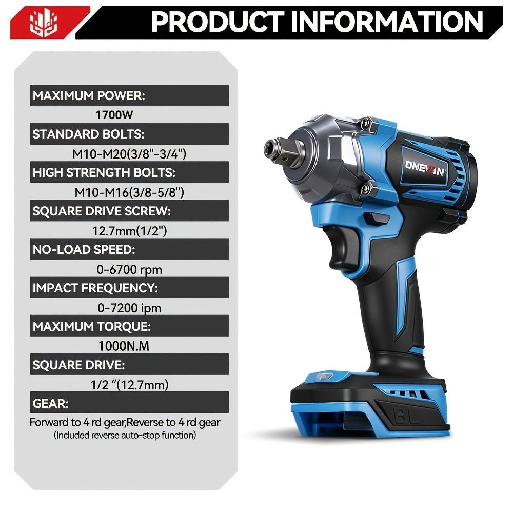 Llave de impacto inalámbrica de 1000 N.m, pistola de impacto eléctrica sin escobillas de 1/2 pulgada, llave de impacto eléctrica, adecuada para neumáticos de coche/uso doméstico - Kit de herramientas de destornillador eléctrico recargable, compatible con