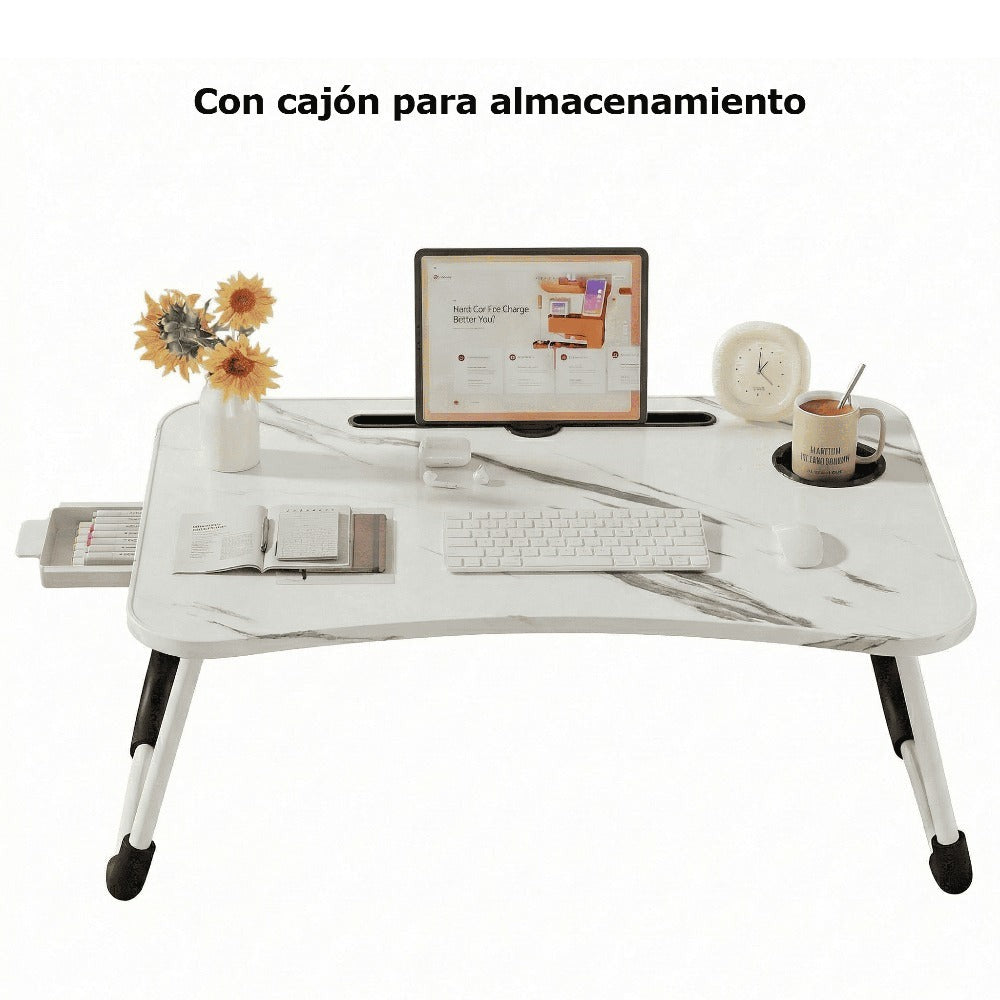 Mesa plegable multifunción para cama y sofá con portavasos, 60×40×28 cm, mesa auxiliar con atril para leer en la cama, bandeja multifunción para ordenador, libros, trabajo y estudio en casa (con cajón / sin cajón)