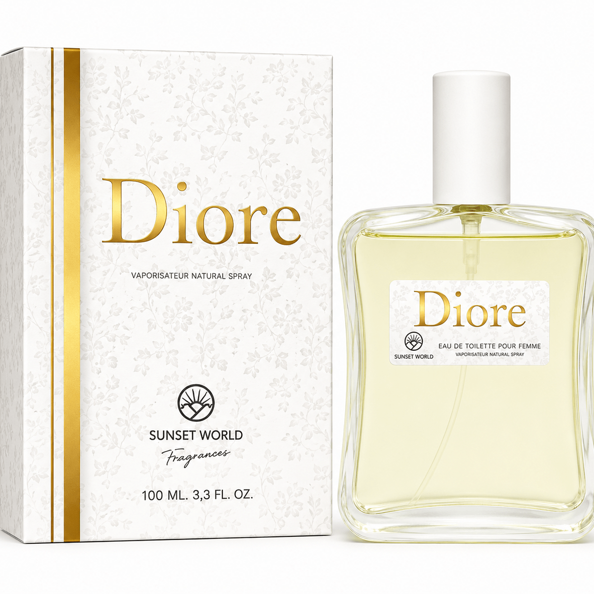 Everlyx - Diore by Sunset World Eau de Toilette 100ml. Fragancia femenina floral frutal con notas de magnolia, melón y melocotón, acompañadas por violeta y orquídea sobre un fondo suave de almizcle, vainilla y cedro.