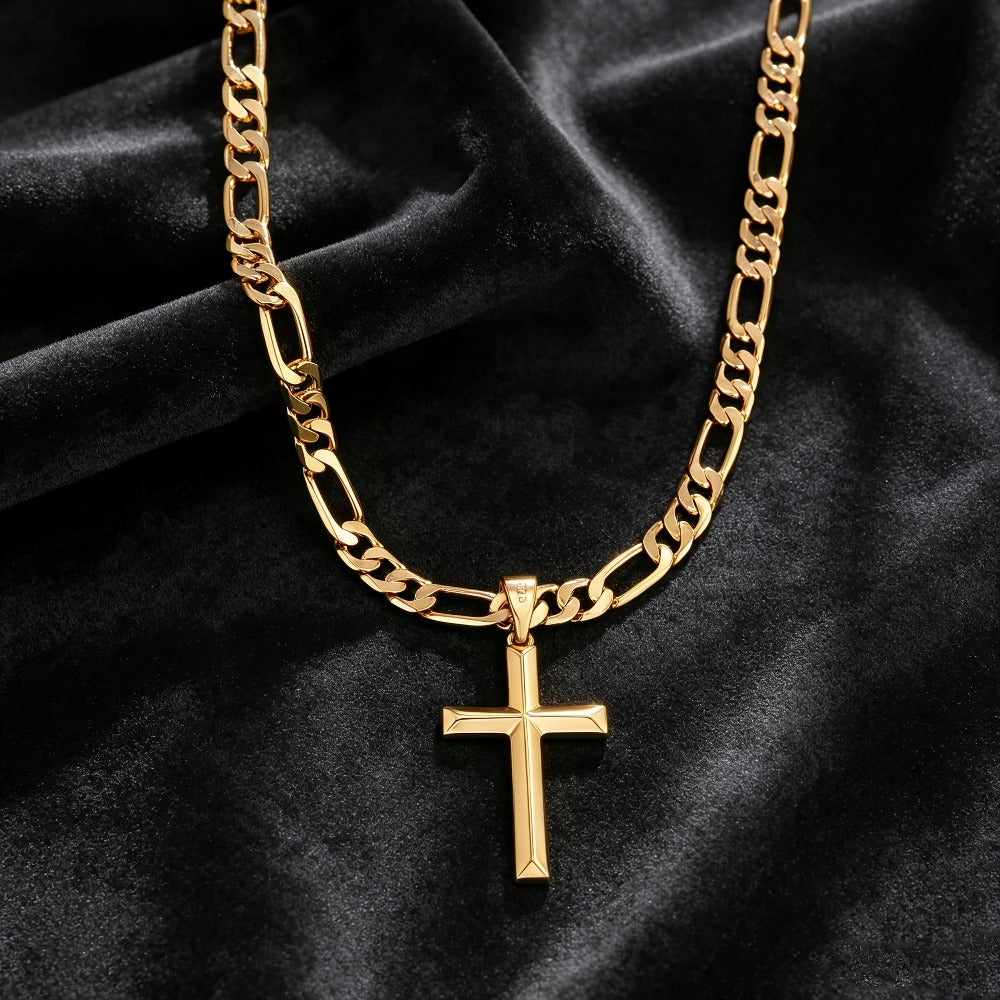 Collar con colgante para hombre de plata 925, cadena Figaro minimalista chapada en oro de 18K con colgante de cruz 3D, regalo perfecto para él, regalo para el Día del Padre, en caja de regalo