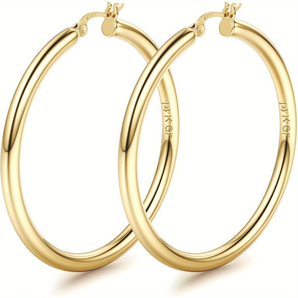 Pendientes de aro plateados de oro de 14K para mujer con poste de plata 925, aros huecos de 4 mm de grosor, aros dorados, aros grandes dorados hipoalergénicos y ligeros de 25/30/40/50/60/70 mm