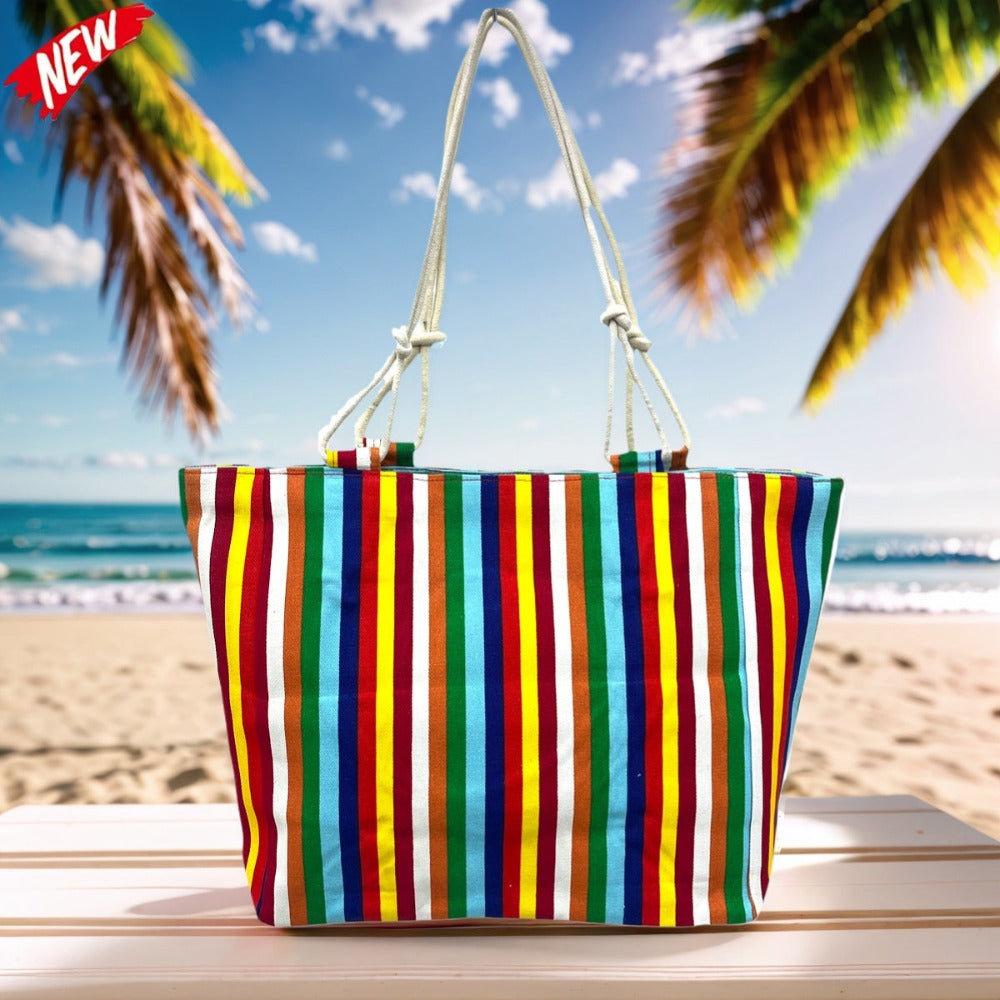 TOTE BAG Grande Rayas Multicolor – BOLSO DE PLAYA de Lona con Asas de Cuerda, Capacidad Extra, 6 Colores Disponibles