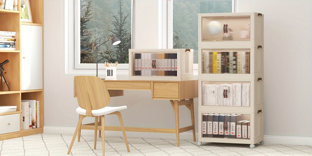 Un juego de cuatro armarios grandes blancos plegables con tapas y ruedas, perfectos para ahorrar espacio en armarios para ropa, ropa de cama, snacks y juguetes - Organizadores duraderos, ideales para dormitorios y salas de juegos