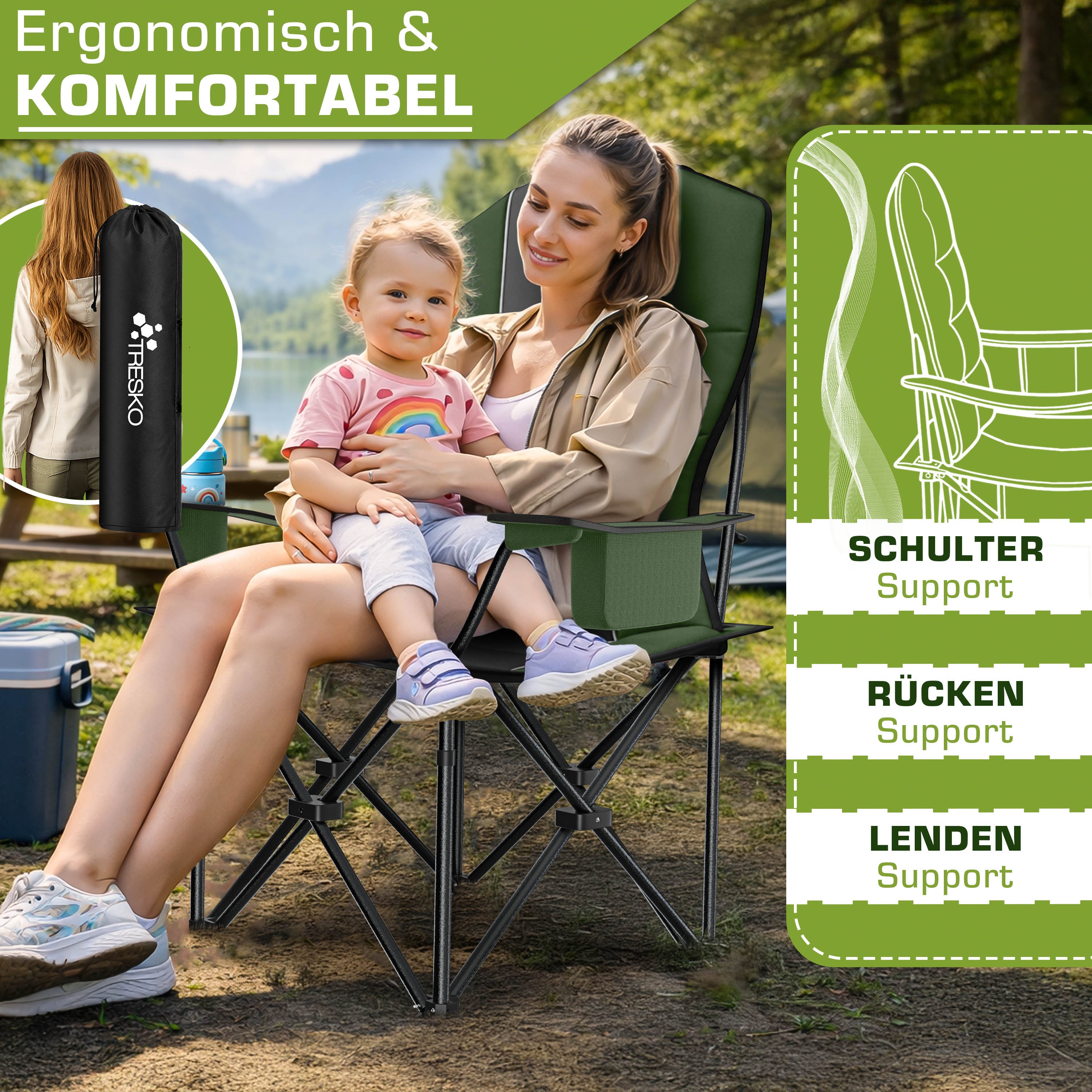 TRESKO® Silla de Camping Plegable hasta 200Kg | Silla Plegable con Bolsa Nevera, Portavasos y Bolsillo Lateral | Silla XXL Plegable Incluye Bolsa de Transporte | Silla de Pesca Acolchada para Exterior, Pesca, Festival y Jardín
