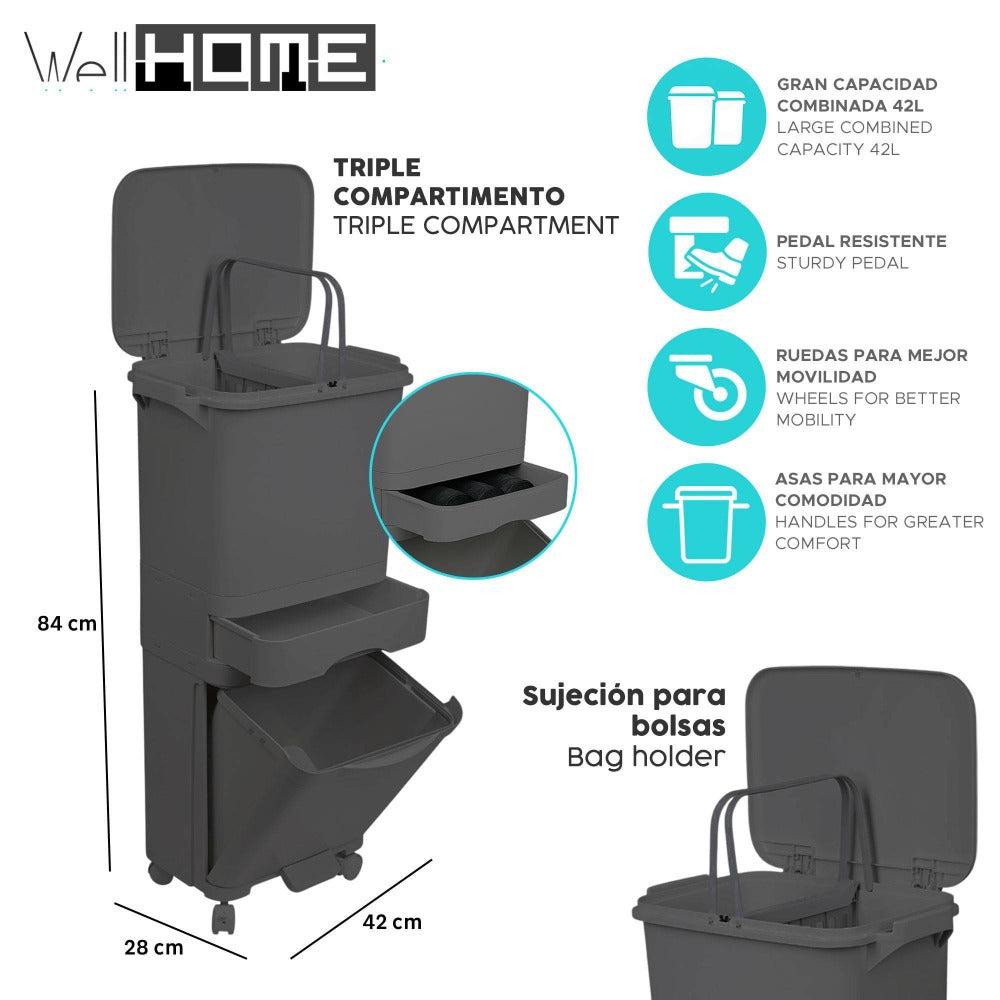 Papelera de reciclaje de clasificación selectiva con pedal. ruedas y asa de doble 38/42L