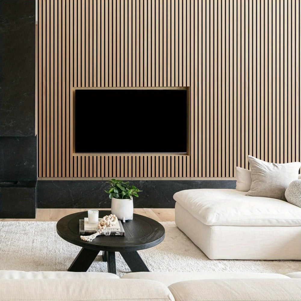 Juego de 2 paneles acústicos autoadhesivos, de 100X52 cm, diseñados para insonorización y reducción de eco. Estos paneles de revestimiento de madera son perfectos para decorar paredes en salas de estar, oficinas y hogares.